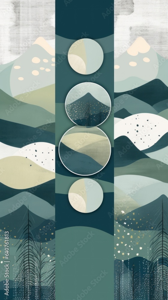 Poster a painting of mountains and trees with a sky background. generative ai image.