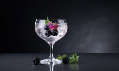  a wine glass with berries and ice on a black table with a green leaf on the side of the glass and a black berry in the middle of the glass.  generative ai