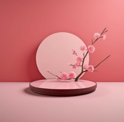 3d render podium for products of pink color and  flowers