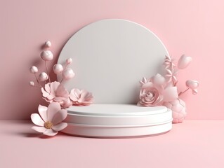 3d render podium for products of white color with pink background and flowers