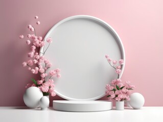 3d render podium for products of white color and pink  flowers