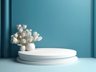 Photo 3d podium display blue background with flower