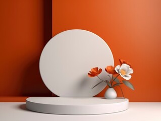 Photo 3d podium display orange background with flower