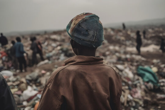 Environmental problem in poor country. Kid standing in garbage at the city dump surrounded by polluted air. The child dressed in tattered clothes at the towering mountains of trash. Generative AI