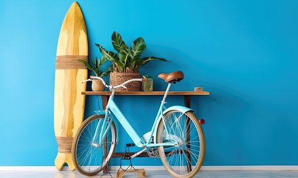  a blue bike parked next to a wooden shelf with a plant and a surfboard on top of it in a room with blue walls.  generative ai