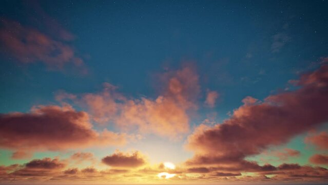 Timelapse of golden clouds on the blue starry sky and sun in the morning. Cloudy sky. Beautiful cloudscape 4k