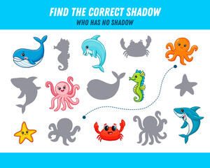 Find correct shadow of sea animals. Shark, crab, octopus,sea horse, starfish, whale, dolphin. Educational logical game for kids. Cartoon animals. 