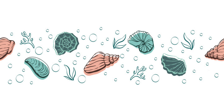 Cute hand drawn sea shells seamless horizontal pattern, summer background with clums, great for textiles, banners, wallpapers - vector design