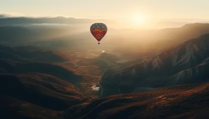Papier Peint photo Ballon Men flying mid air in hot air balloon over mountain peak generated by AI