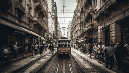 City life in motion Cable car, tramway, subway, and vanishing point generated by AI