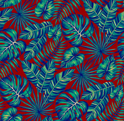 Tropical leaf seamless pattern. Colorful vivid print with beautiful palm jungle leaves. Repeated luxury design for packaging, cosmetic, fashion, textile, wallpaper. Realistic high quality illustration