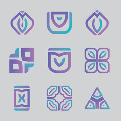 a set of abstract geometric shapes, a logo with a gradient color, a collection of logos with different colors, 