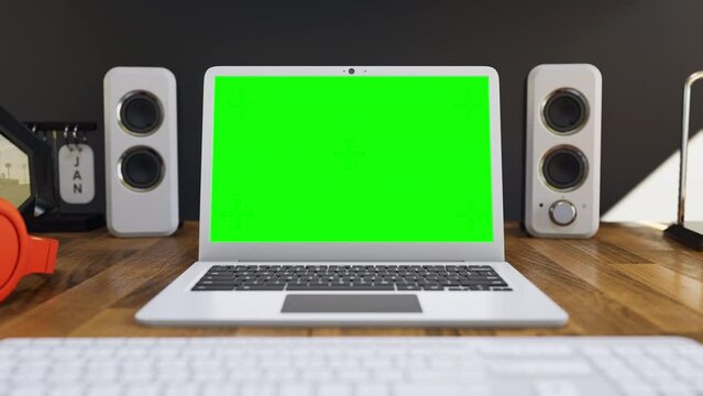 Laptop in a modern work from home office, Green Screen, Chroma key for screen replacement. video conference, 4k 30fps. Modern home office. Computer screen. Technology, wooden desk. 3d Animation.