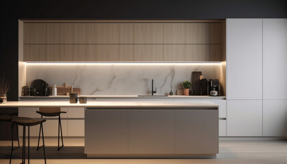 Modern kitchen design with elegant wood table and stainless steel appliances generated by AI