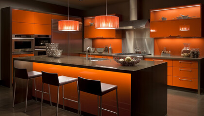 Modern domestic kitchen design with luxury appliances and elegant lighting generated by AI