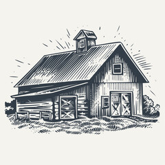 Hand drawn farm barn building illustration. Vintage woodcut engraving style vector illustration.  © RetroVector