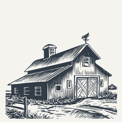 Hand drawn farm barn building illustration. Vintage woodcut engraving style vector illustration.  © RetroVector