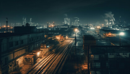 Fototapeta na wymiar Dark city skyline illuminated by transportation and industry pollution generated by AI