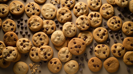 Obraz premium Flat lay of chocolate chip cookies. IA generative. 