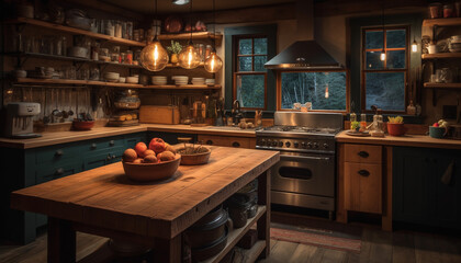 Modern luxury kitchen with rustic wood accents and fresh fruit generated by AI