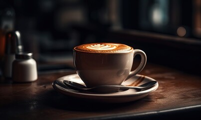  a cappuccino sits on a saucer on a wooden table with a spoon and a bottle of wine in the back ground.  generative ai