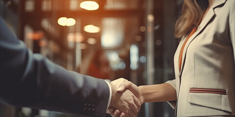 Business handshake between a woman and a man. Close up. Inside a modern bright office. 