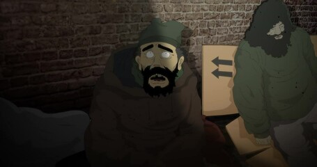 Homeless person in the allay looking shocked and scared up in the sky while shadow covers him.