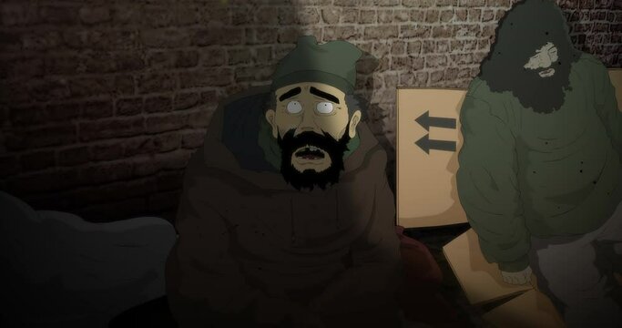 Homeless person in the allay looking shocked and scared up in the sky while shadow covers him.