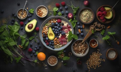  a bowl of fruit, nuts, avocado, berries, spinach, and other foodstuffs on a black surface with a spoon.  generative ai