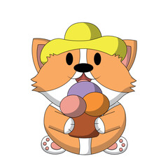 Cute Corgi in a beach hat and with ice cream in color