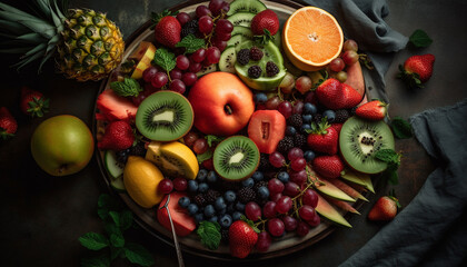 Fresh summer fruit salad strawberry, raspberry, blueberry, kiwi, pineapple, melon generated by AI