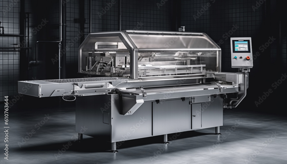 Poster robotic arm controls modern steel machinery in empty workshop generated by ai