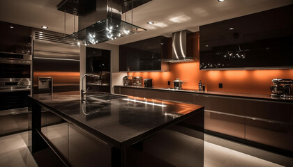 Modern elegance in a bright domestic kitchen with stainless steel appliances generated by AI