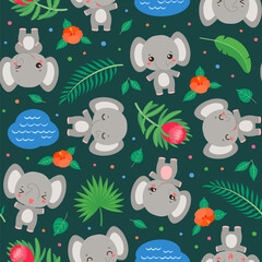 Fototapeta premium Cute elephant seamless pattern. Cartoon elephant kawaii style. Safari animal repeat design. Palm leaves and tropical flowers. Summer print for children fashion print, textile fabric, paper.