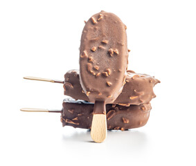 Popsicle, ice cream covered with chocolate isolated on white background.