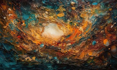  a painting of a colorful sky with lots of bubbles and bubbles on it, and a white circle in the center of the painting is surrounded by blue and orange circles.  generative ai