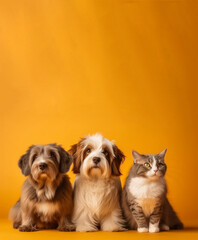 Fototapeta premium Banner of a group of domestic pets dog and cat together over yellow banner on colorful background with empty space place for text. Copy paste. Generative AI.