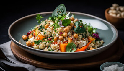 Fresh vegetarian salad bowl with quinoa, carrot, tomato, and cilantro generated by AI