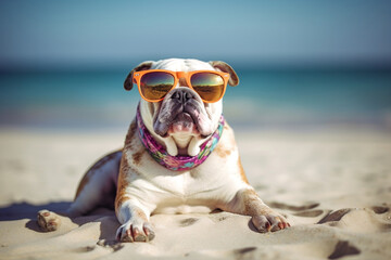 Fototapeta na wymiar Funny British English bulldog breed in sunglasses sunbathing at seaside resort sand near sea or ocean water. Vacation rest in hot country beach concept. Generative AI Technology