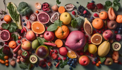 Healthy eating with a colorful collection of organic fruit and vegetables generated by AI