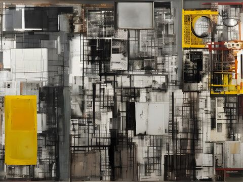 Abstract modern collage and mixed media themed painting with grey and yellow and dynamic shapes. generative ai illustration.