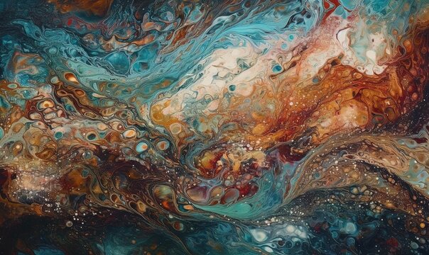  an abstract painting with blue, orange, and brown colors on a black background with bubbles and bubbles on the bottom of the image and bottom half of the image.  generative ai