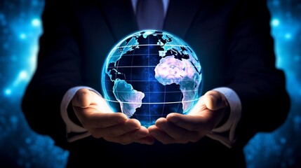 A businessman holds a global business globe, interconnected with a network, while focusing on digital marketing strategies and innovative solutions. Utilizing business development technology, this ind