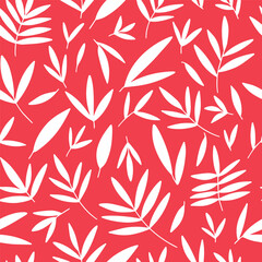 Pink seamless pattern wuth leaves. White leaves silhiuette on bright pink background