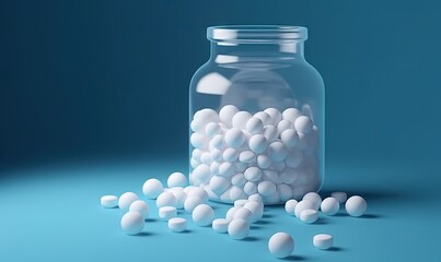 a glass jar filled with white pills on a blue surface with a few scattered white pills on the ground in front of the glass jar.  generative ai