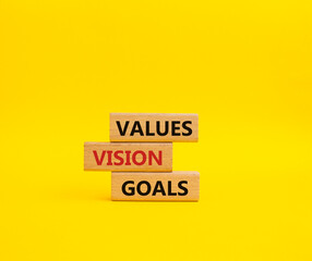 Values Vision Goals symbol. Concept words Values Vision Goals on wooden blocks. Beautiful yellow background. Business and Values Vision Goals concept. Copy space.