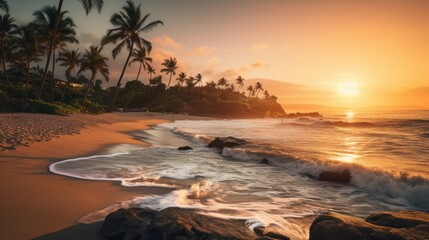 Serene coastal scene with a golden sunset, gently rolling waves, and palm trees swaying in the warm breeze