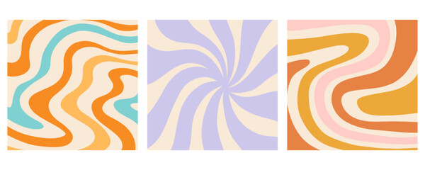 Retro Groovy Background, Trendy 70s Wavy Cover Set