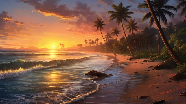 Serene coastal scene with a golden sunset, gently rolling waves, and palm trees swaying in the warm breeze © Damian Sobczyk