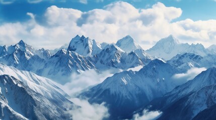 Obraz premium Stunning mountains range covered in a pristine blanket of snow, with jagged peaks piercing through the clouds